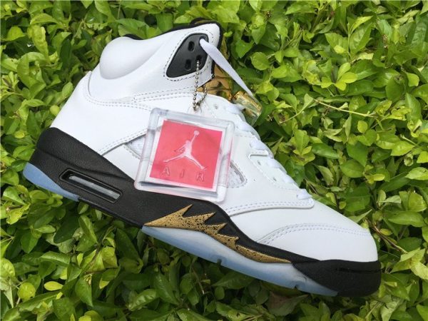 Jordan 5 Olympic White Black Metallic Gold kicks