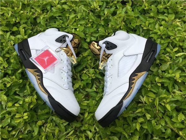 Jordan 5 Olympic White Black Metallic Gold trainer