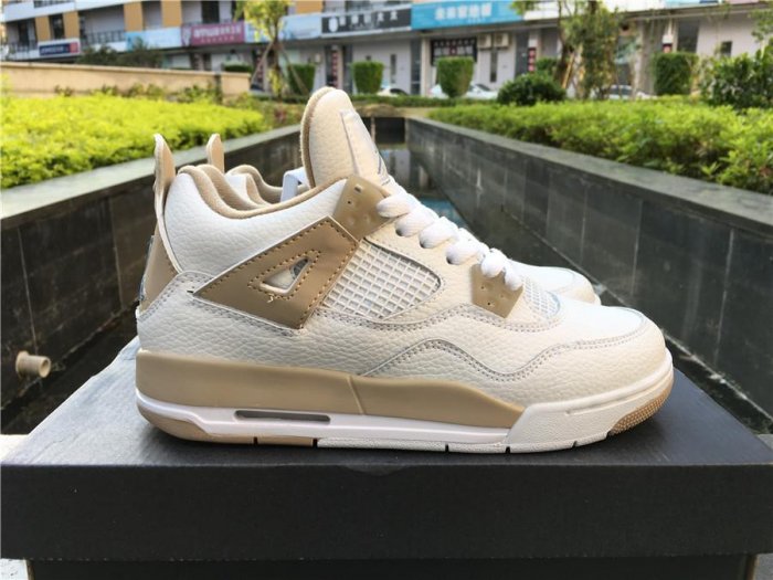 Girls Air Jordan 4 GS Linen White Boarder Blue-Light Sand