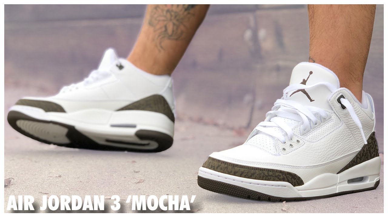 Mocha Jordans 3 on feet
