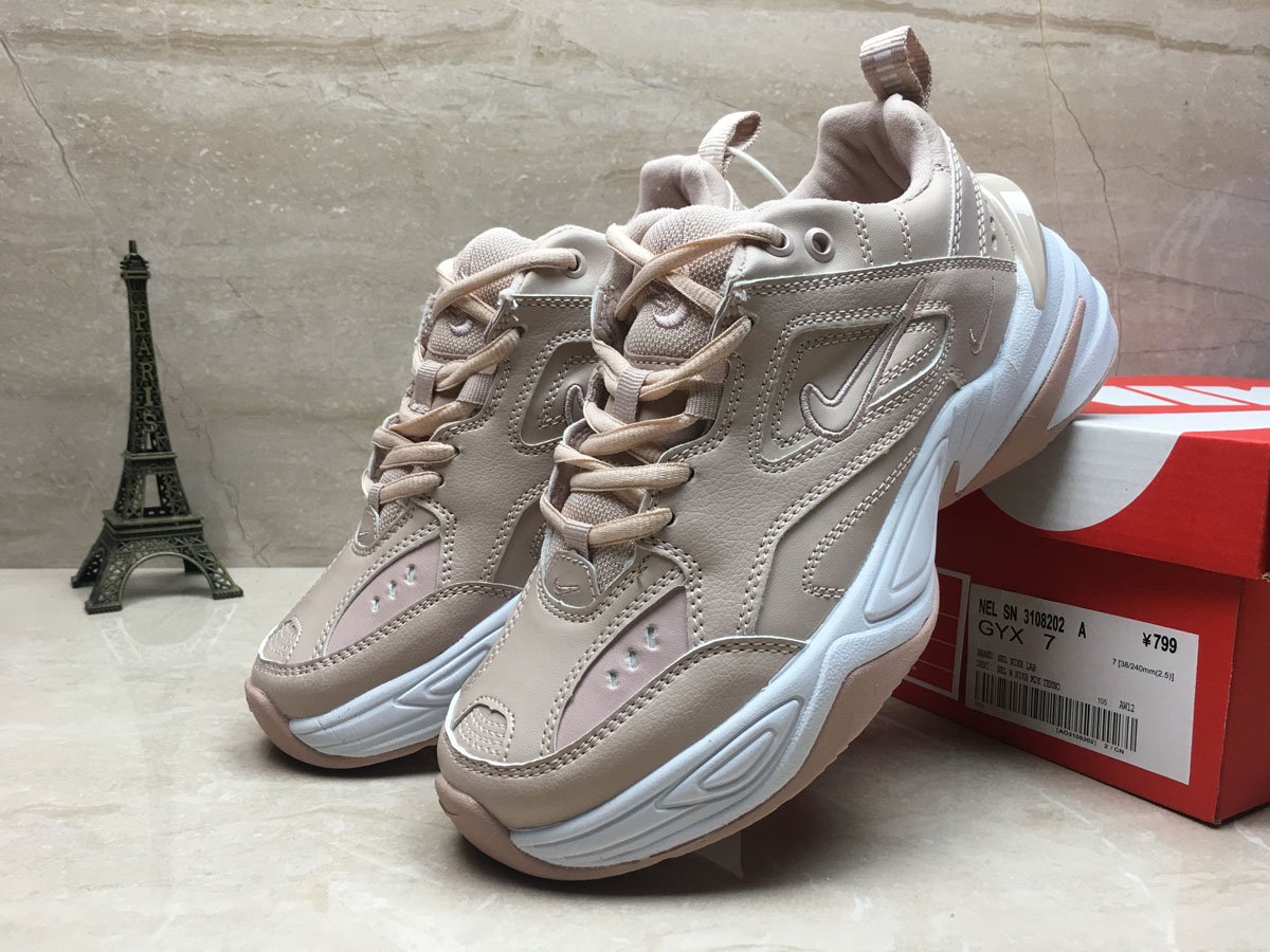white and beige nike m2k tekno