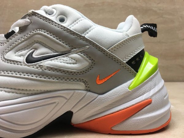 Nike M2K Tekno Pure Platinum Glossy Volt orange swoosh