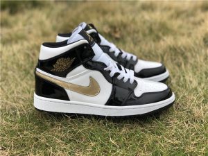 Jordan 1 Mid Patent Black White-Metallic Gold