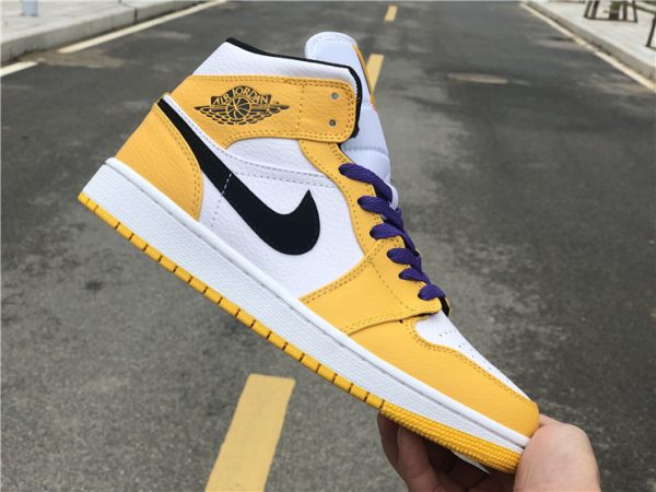 Jordan 1 Mid SE Lakers Yellow Purple black swoosh