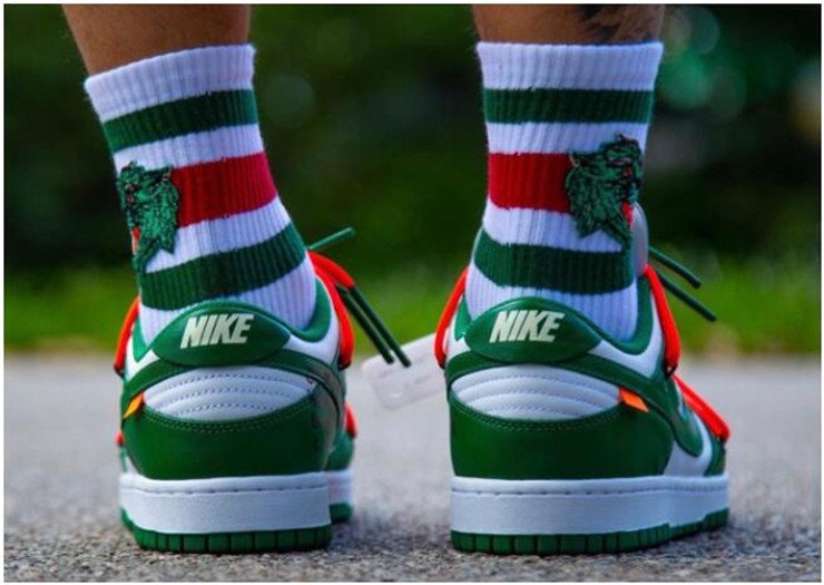 Off-White x Nike Dunk Low Pine Green on feet look