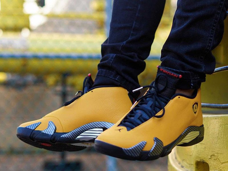 Air Jordan 14 Retro Yellow Ferrari On Feet