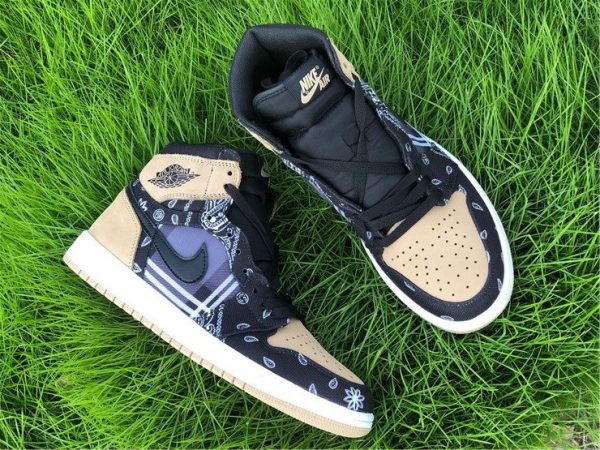 Cheap Custom Air Jordan 1 High Cactus Jack With Plaid Print Khaki Black