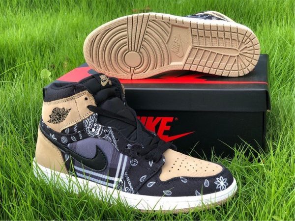 Custom Air Jordan 1 High Cactus Jack With Plaid Print Khaki Black For Sale