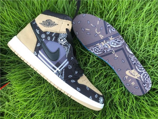 Custom Air Jordan 1 High Cactus Jack With Plaid Print Khaki Black Insole