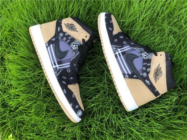 Custom Air Jordan 1 High Cactus Jack With Plaid Print Khaki Black Outlet