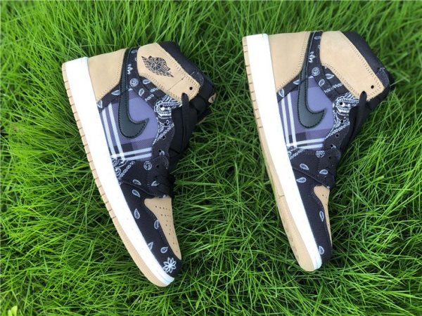 Custom Air Jordan 1 High Cactus Jack With Plaid Print Khaki Black Top