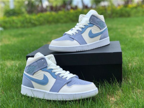 New Air Jordan 1 Mid Light Blue Grey Aqua Leathers Suede Nylon