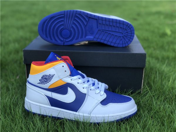 Jordan 1 Mid White Laser Orange Deep Royal Blue bottom