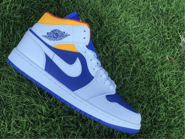 Jordan 1 Mid White Laser Orange Deep Royal Blue swoosh