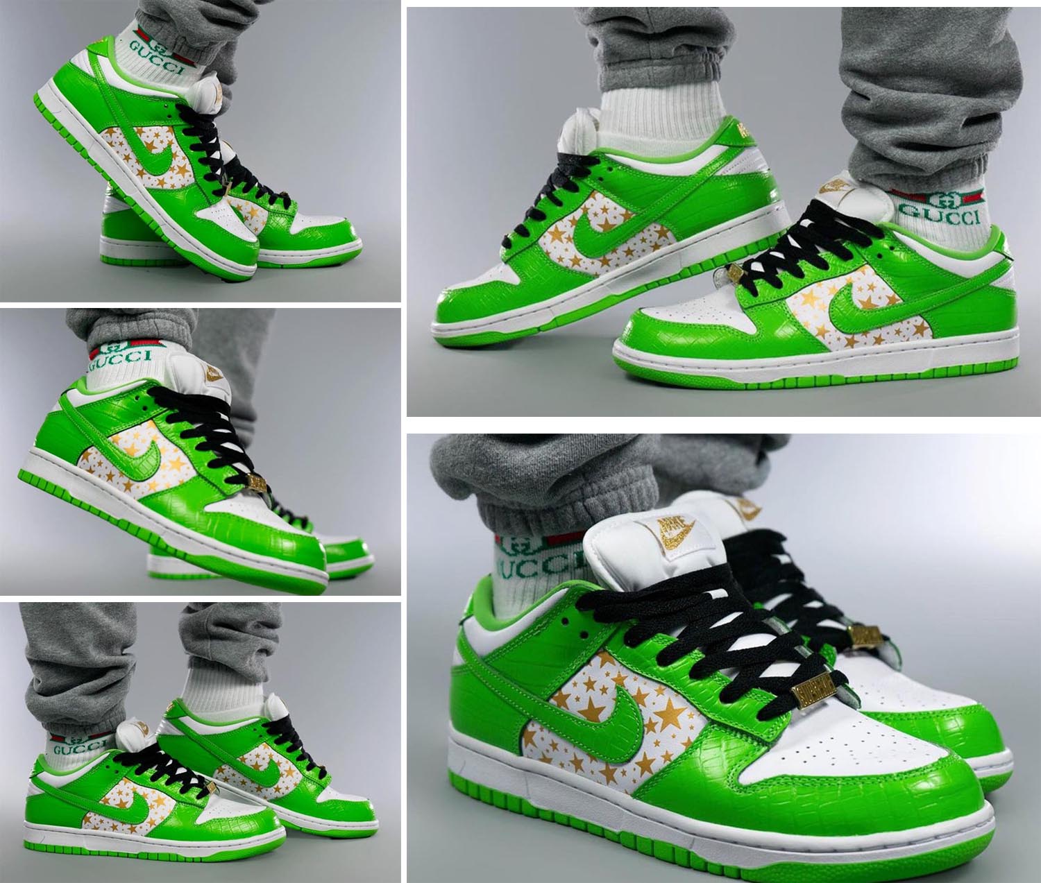 Supreme SB Dunk Low Green Stars On Feet