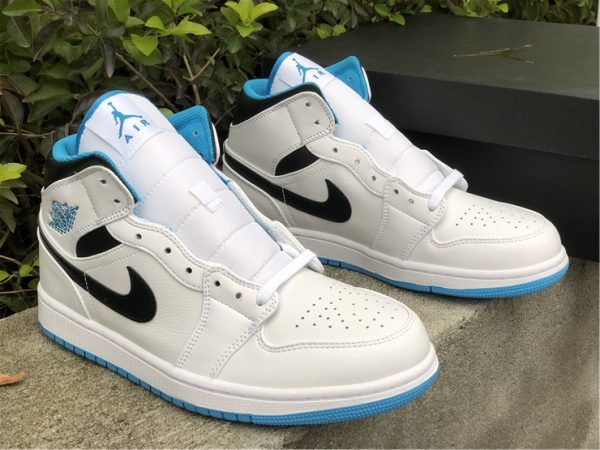 Jordan Air 1 Mid White Laser Blue black swoosh