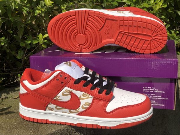 Supreme x Nike SB Dunk Low Red White gold logo print