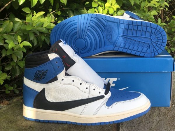 Travis Scott Fragment Jordan 1 Military Blue underfoot