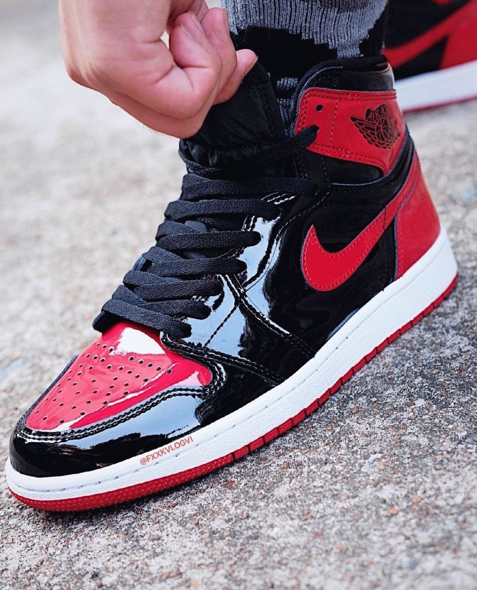 Air Jordan 1 High OG Bred Patent on feet