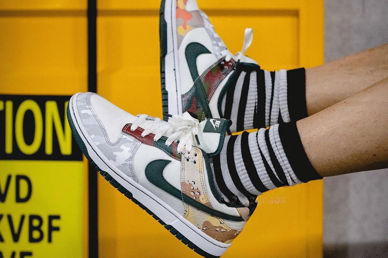 Nike Dunk Low Sail Multi Camo on feet