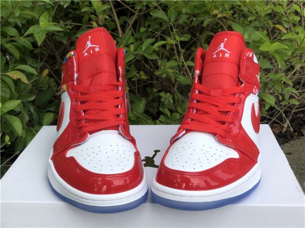 Air Jordan 1 Mid Red Patent Geometric Print front