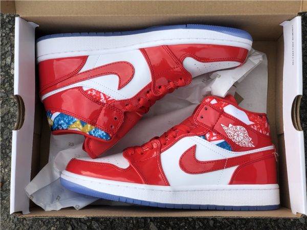 Air Jordan 1 Mid Red Patent Geometric Print in box