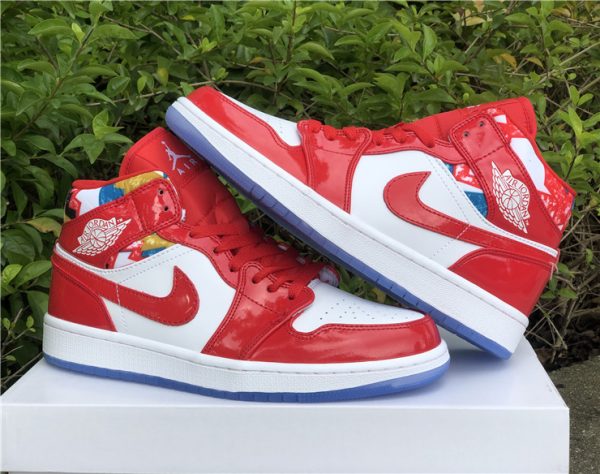 Air Jordan 1 Mid Red Patent Geometric Print paning