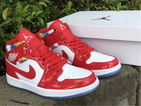 Air Jordan 1 Mid Red Patent Geometric Print sneaker