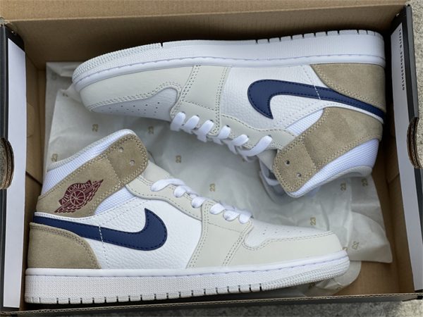 Air Jordan 1 Mid White Tan Navy in box