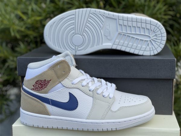 Air Jordan 1 Mid White Tan Navy swoosh