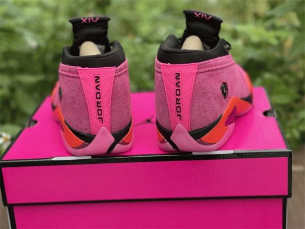 Shocking Pink Jordan 14 Retro Low heel