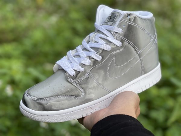 Clot x Nike Dunk High Metallic Silver on hand